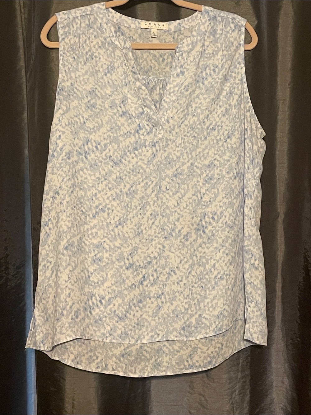 Chaus Blue and White Printed Sleeveless V-Neck Top